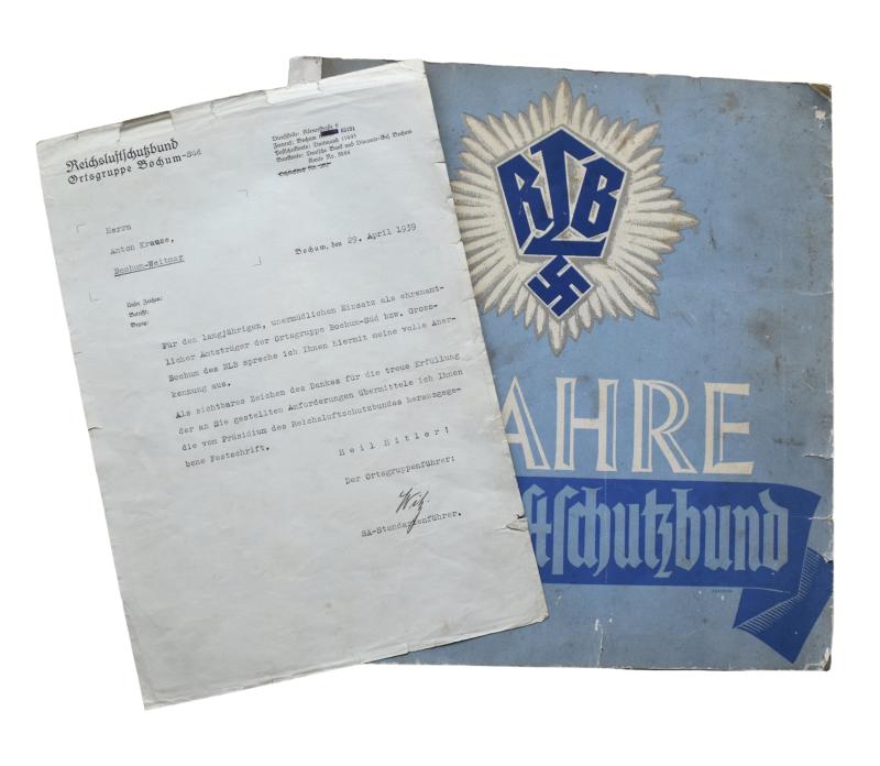 5 Jahre Reichs Luftschutz Bund Book and letter