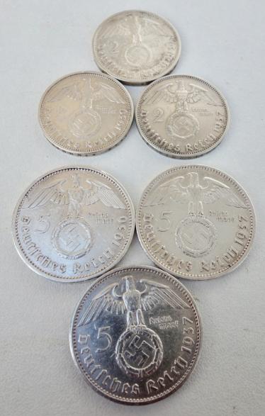 6 Third Reich 2 and 5 Rechs Mark Coins