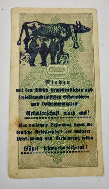 Third Reich Reichsmark Bank Note with anti Jew print