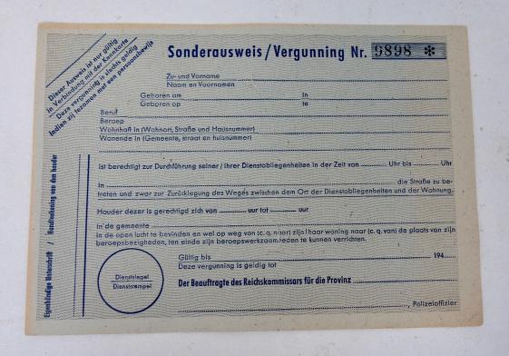 Un-issued Third Reich Travel Permit for use in the Occupiet Netherlands