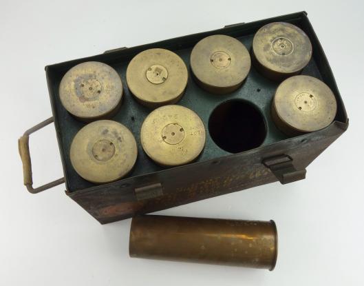 British WW2 steel 25 Ponder Shell Box with 8 Shells