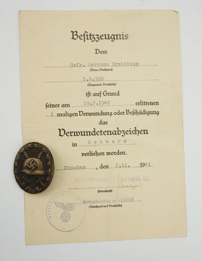 Wehrmacht Wound Badge and Award Document