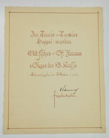 Kriegsmarine Tennis Match Award Document