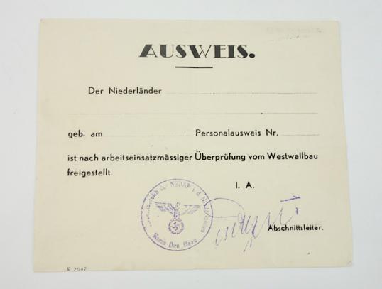 Signed but un-named Wehrmacht Permit Holland