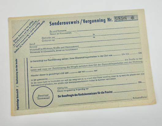 Un-issued Third Reich Travel Permit for use in the Occupiet Netherlands