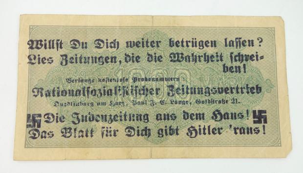 Third Reich Reichsmark Bank Note with anti Jew print