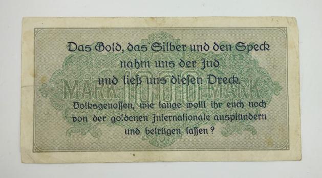 Third Reich Reichsmark Bank Note with anti Jew print