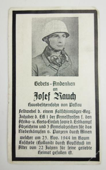 Death Notice Fallschirmjäger KIA Holland