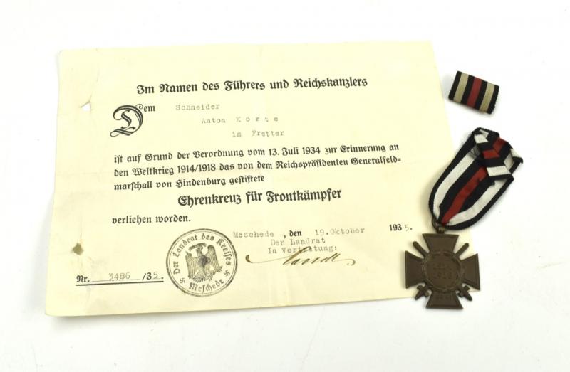 Ehrenkreutz 1914-1918 with Award Document