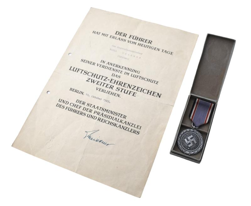 Luftschutz Medal second class in Case and with Award Document