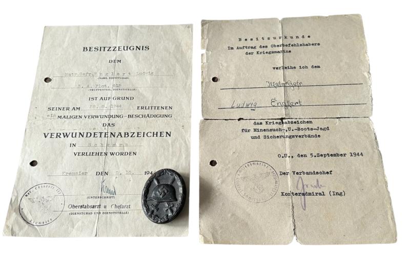 Kriegsmarine Award Documents and wound Badge