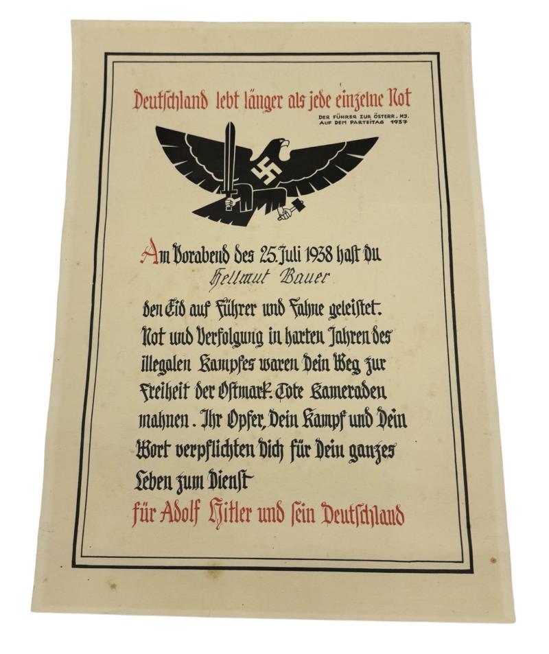 Hitler-Jugend Member Loyalty Oath Award Document