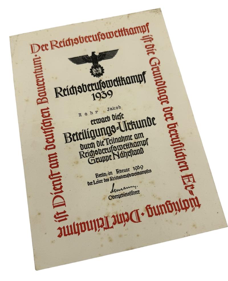 Hitler Jugend Award Document (craftsmanship competitions)