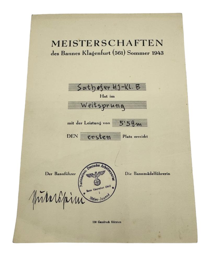 Hitler-Jugend Sports Award Document