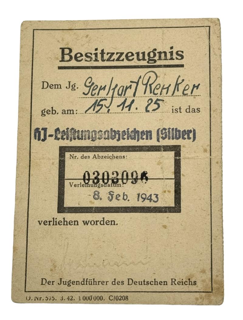 Bezitzzeugnis Hitler-Jugend Leistungsabzeichen Silber