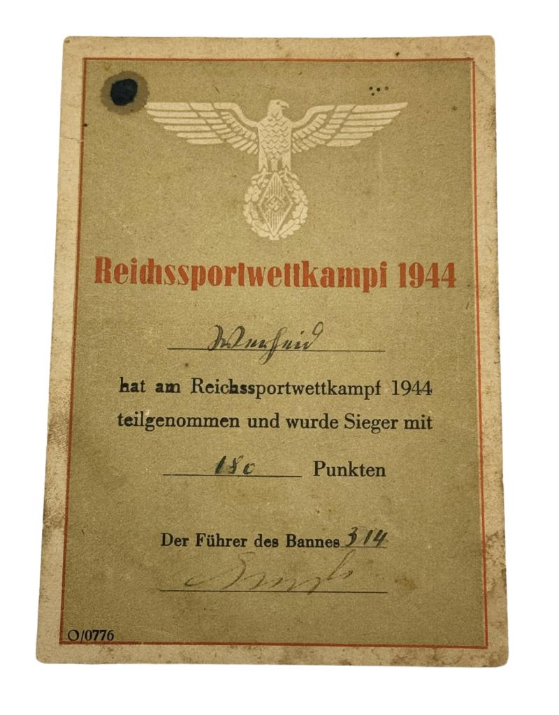 Hitler-Jugend Sports Award Document (Reichssportwettkampf)