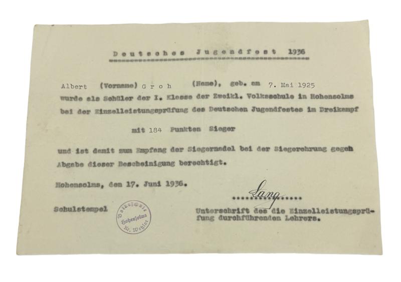 Hitler-Jugend Sports Award Document