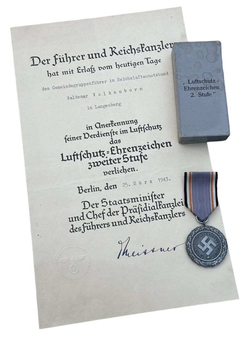 Luftschutz Medal in Case with Award Document