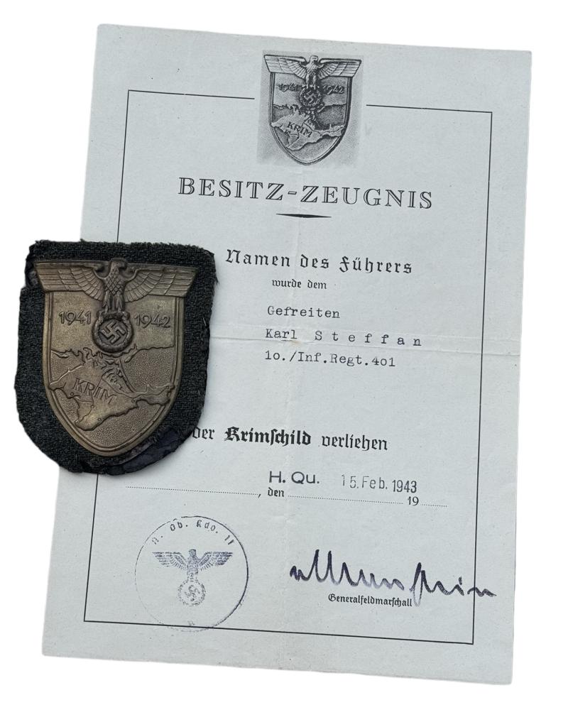 Wehrmacht Krim Shield with Award Document