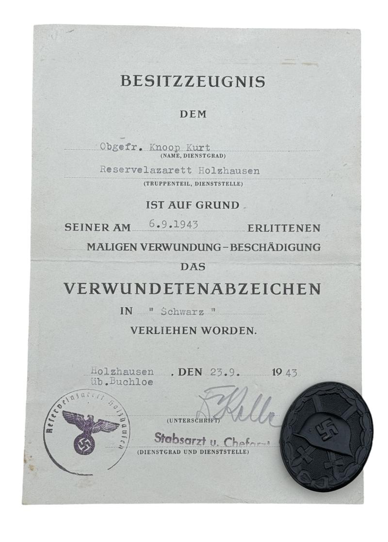 Wehrmacht Wound Badge Black with Award Document