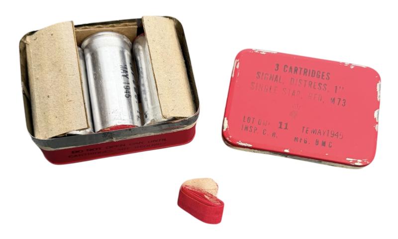 US WW2 Metal Flare Tin with 3 (Empty) Red Signal Flares