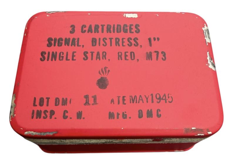 US WW2 Metal Flare Tin with 3 (Empty) Red Signal Flares