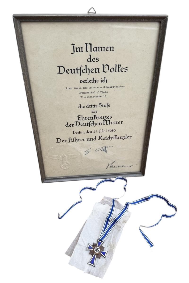 Third Reich Mothers Cross in Bronze with Award Document