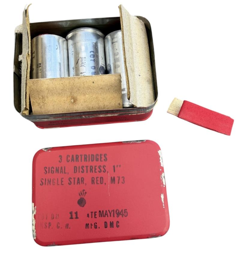 US WW2 Metal Flare Tin with 3 (Empty) Red Signal Flares
