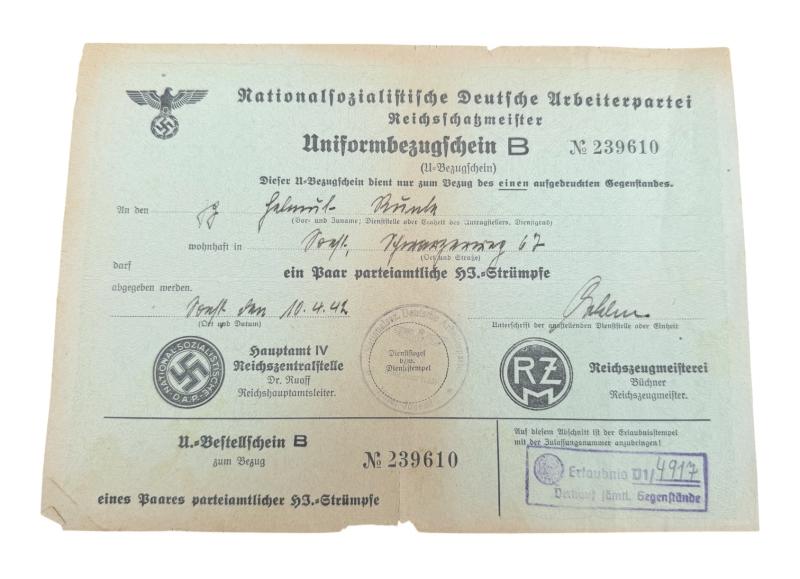 HJ/NSDAP/SA Uniform Approval Document (Socks)